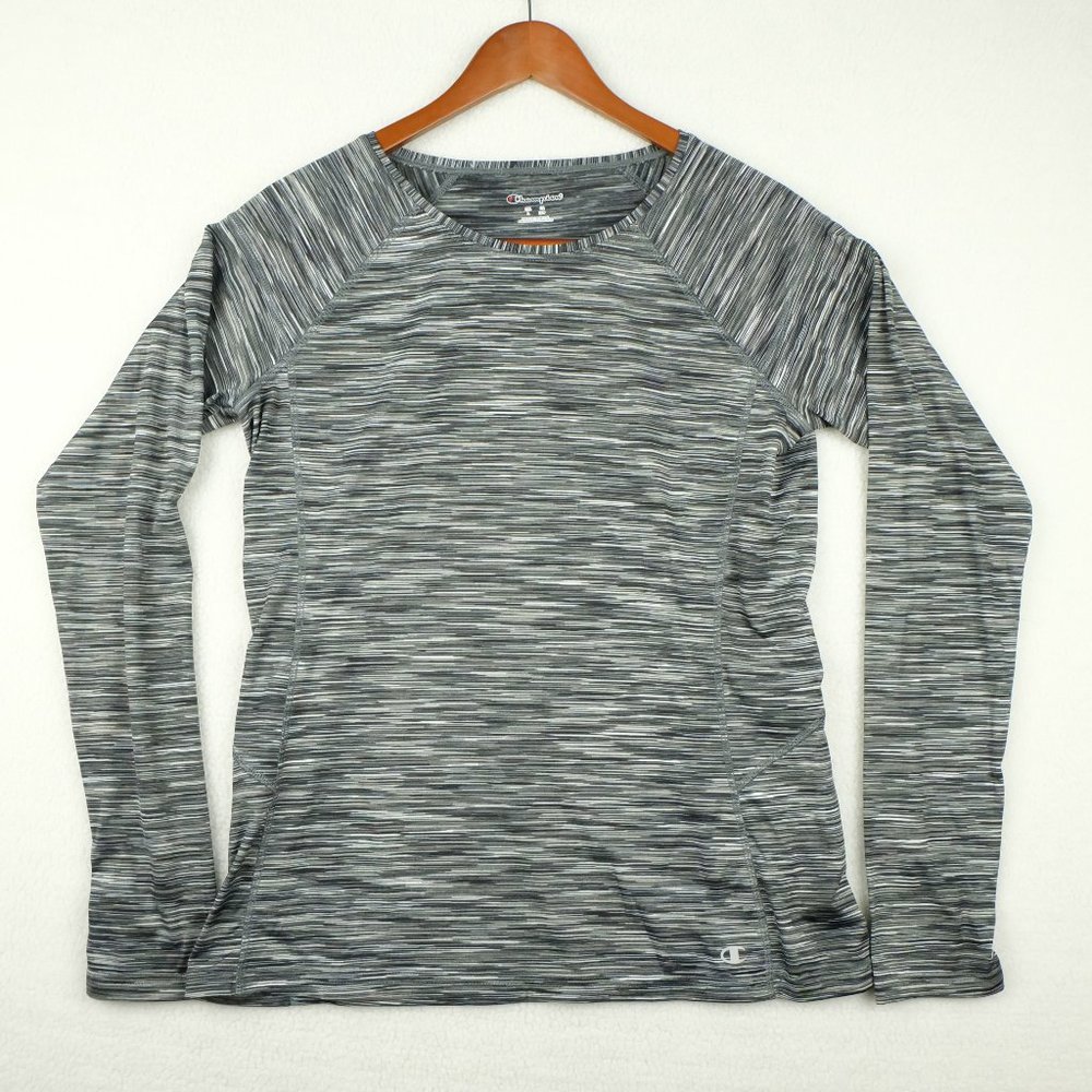 Champion Womens T Shirt Large Gray Striped Long Sleeve Lightweight Athletic